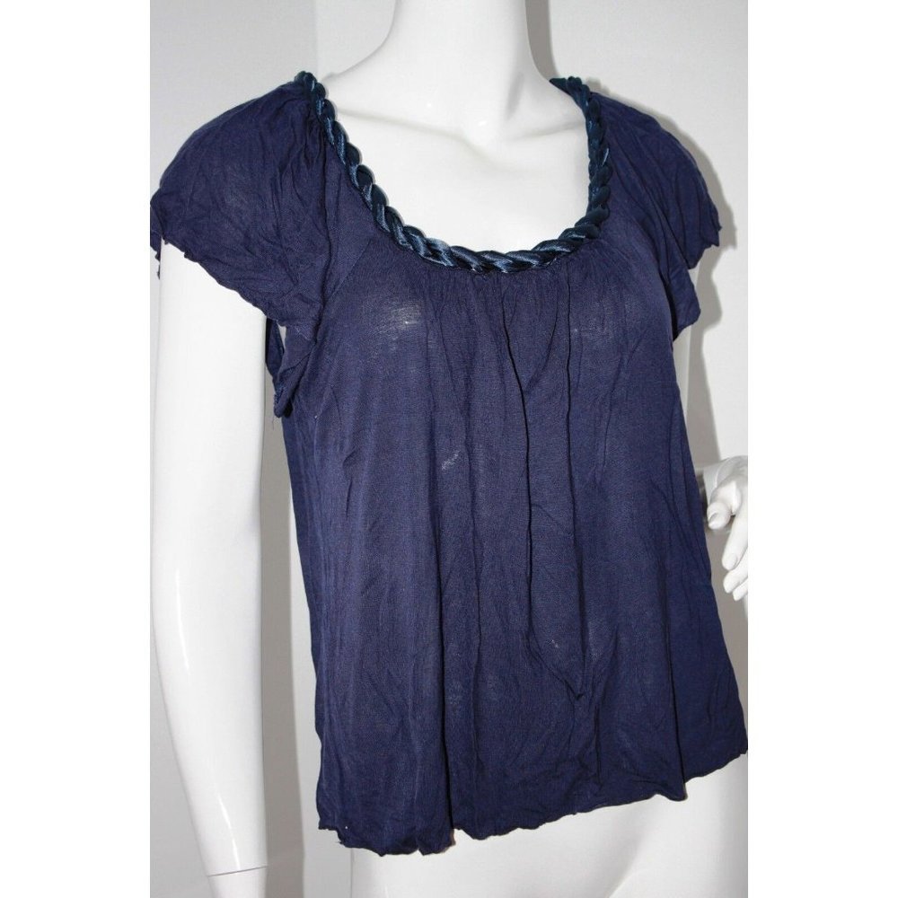 MATTY M Blue BRAIDED Round  NECK Top Blouse BUTTERFLY Sleeves MEDIUM Rayon